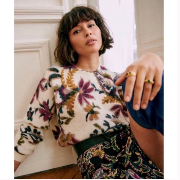 SEZANE NWTEcru Cream Purple Blue Green Floral Mohair Wool Sweater Seliane Jumper - Picture 1 of 7